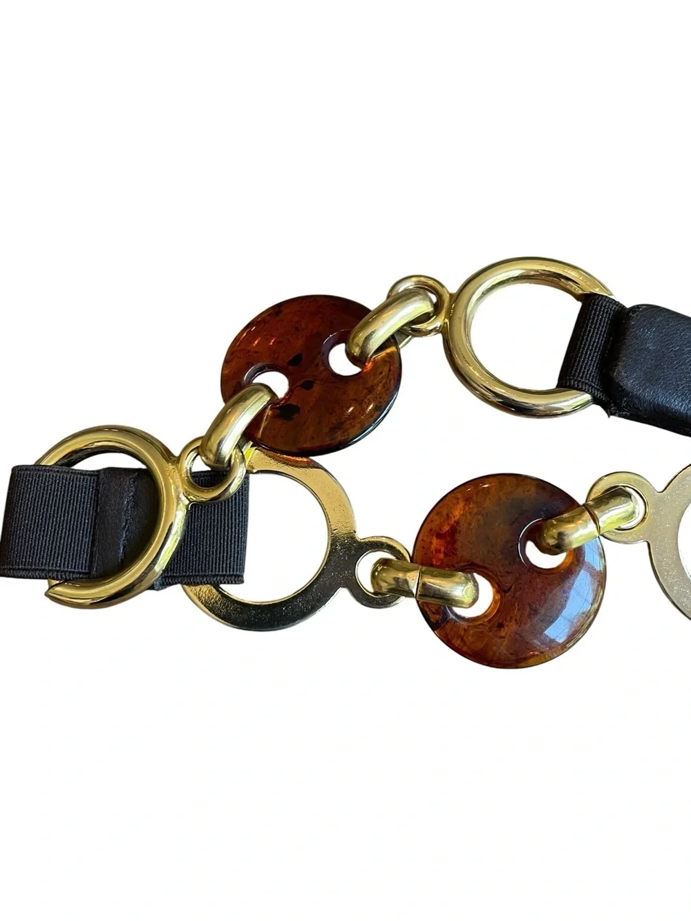 Sandy Duftler Womens Tortoise Shell Mixed Metal Leather Round Link Belt Sz M VTG